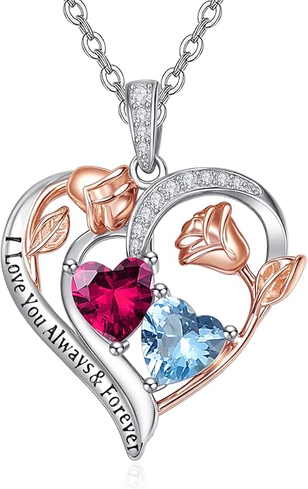 Valentine's Day Gifts for Wife 925 Sterling Silver Double Birthstone Pendant Necklaces I Love You for Always and Forever Necklace Anniversary Birthday Gifts for Wife Girlfriend Mom Her