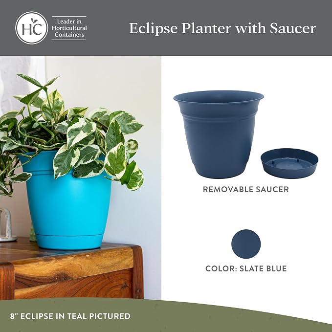The HC Companies Eclipse Round Planter Pot, 6 Inch, Slate Blue, Attached Saucer - Image 2
