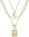 MJartoria Layered Initial Necklaces for Women Trendy, 14K Gold Plated Brass Simple Moon Choker Square Letter Pendant Necklace, Paperclip Chain Necklaces Jewelry Gifts