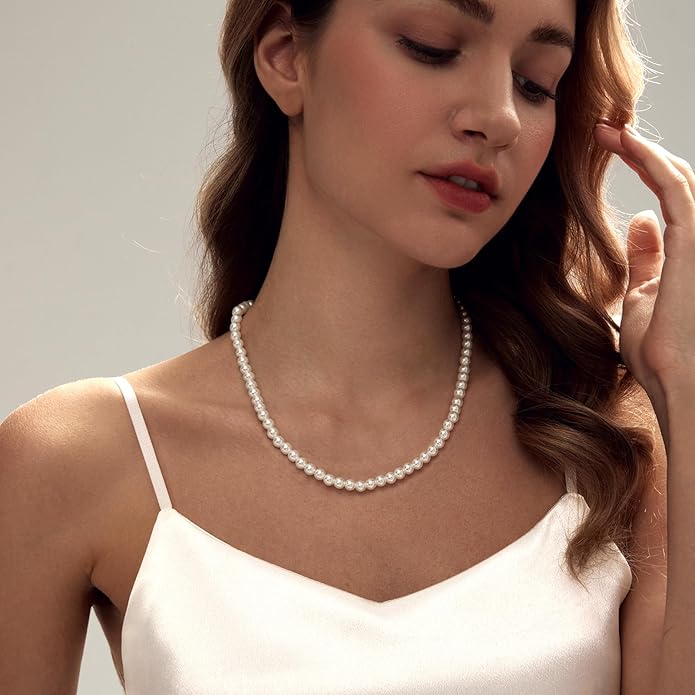 Zeffy Pearl Necklace 4MM/6MM/8MM Dainty Round Imitation Pearl Choker Necklace Wedding Pearl Necklace Delicate Jewelry for Women Simple Bridesmaid Jewelry Gifts