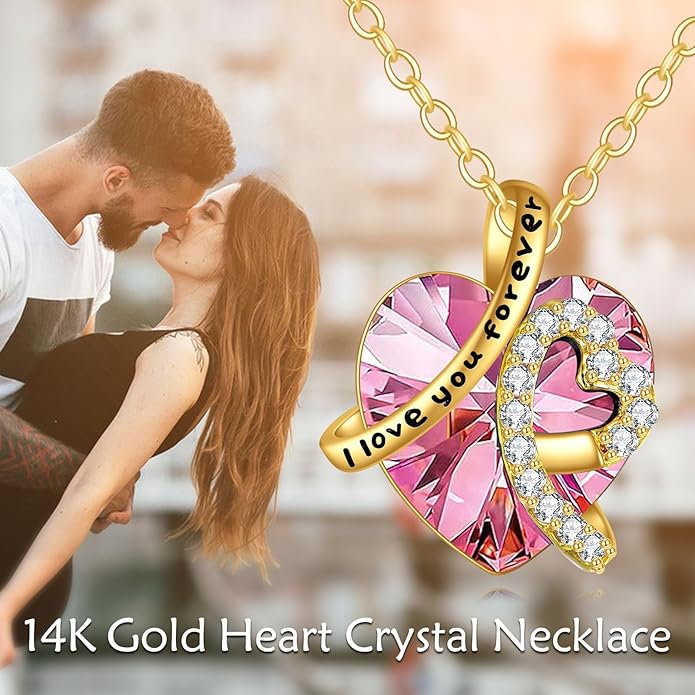 KECHO 14K Real Gold I Love You Forever Necklace Solid Yellow Gold Heart Birthstone Crystal Pendant Jewelry Birthday Mother's Day Anniversary Christmas Gifts for Women