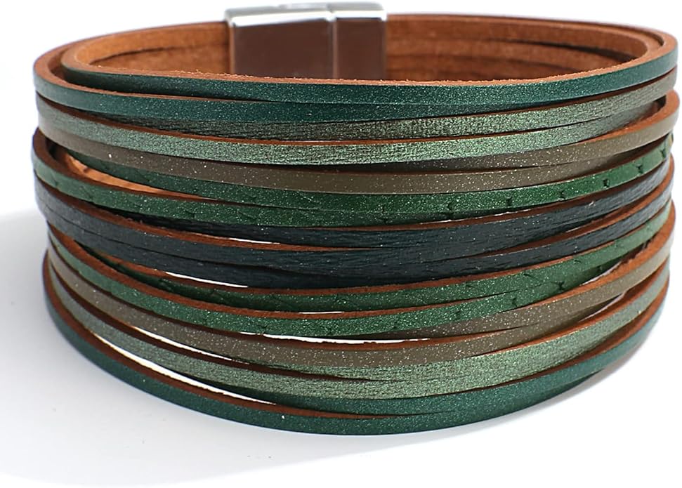 Fesciory Leather Wrap Bracelets for Women, Boho Leopard Multi-Layer Crystal Beads Cuff Bracelet Jewelry