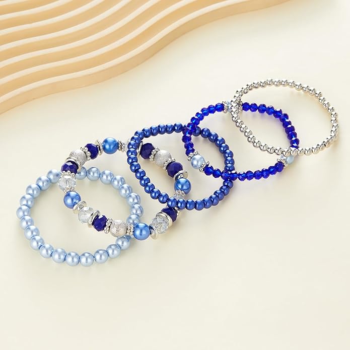 Noessla Beaded Pearl Stretch Bracelet Silver Stackable Crystal Beads Bracelets Trendy Costume Jewelry Mothers Day Gifts for Women