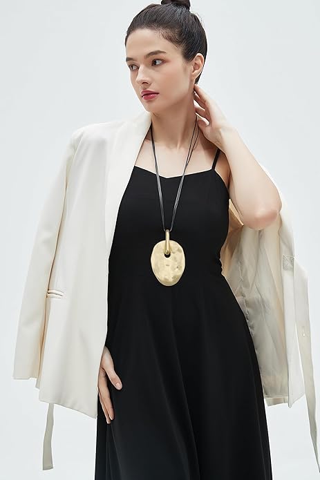 GelConnie Leather Necklace for Women Large Pendant Long Brown Necklace Circle Leather Choker Vintage Sweater Necklace Gold Chunky Boho Necklaces for Women