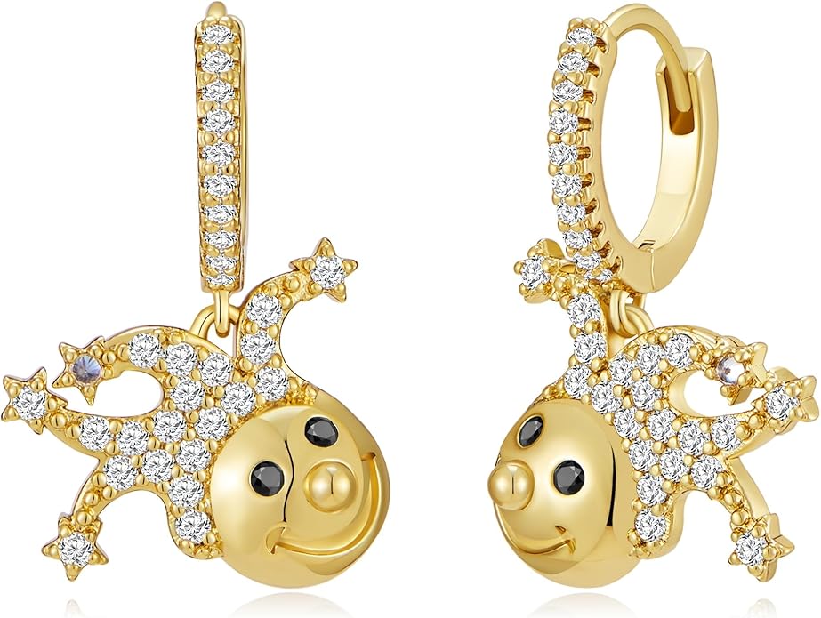 YOIHUR Cute Gold Hoop Earrings for Valentine's Day, 14K Gold Plated Hypoallergenic Jewellery CZ Huggie Drop Earrings, Bear Butterfly Ladybug Joker Heart Pendants Earring Jewelry Gifts for Women