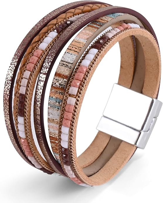 Wrapped Bracelets for Women,Leather Bracelet,Boho Bracelets for Women,Multi-Layer Pearl Crystal Bracelet Bangle Jewelry
