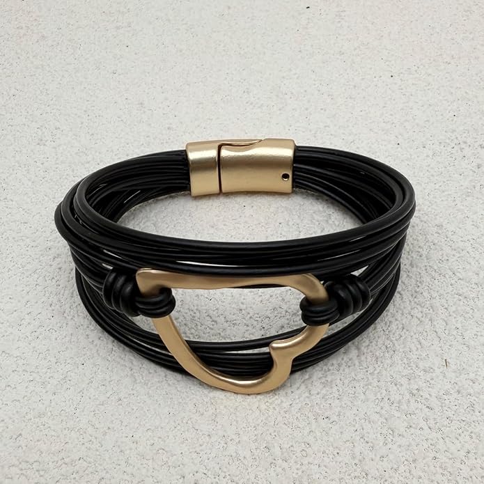 Leather Bracelet for Women Black Wrap Bangle Gold Infinity Bow-knot Bead Heart Bracelet Chunky Layered Bracelets for Women Trendy