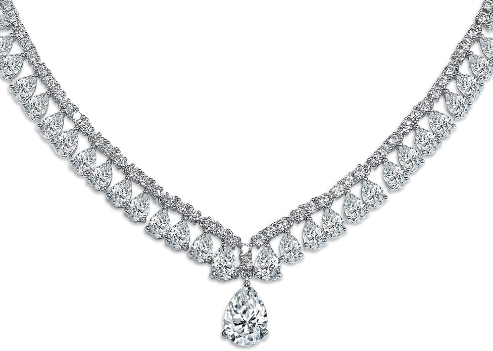 Bridal Jewelry Set Art Deco Vintage Estate Style Cubic Zirconia Marquise Leaf Teardrop AAA CZ Statement Cleavage Choker Necklace & Chandelier Dangle Clip On Or Pierced Earrings For Women Pageant