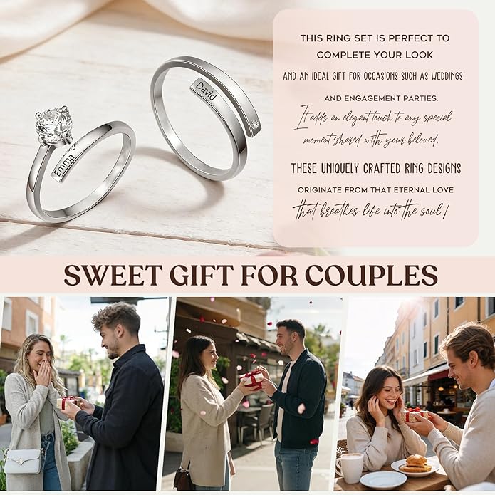 Personalized Couple Rings Engraved with Names - Adjustable Matching Promise Rings Set with Cubic Zirconia, Romantic Gift for Her/Him, Wedding, Anniversary, Valentine's Day (No Size Worry)