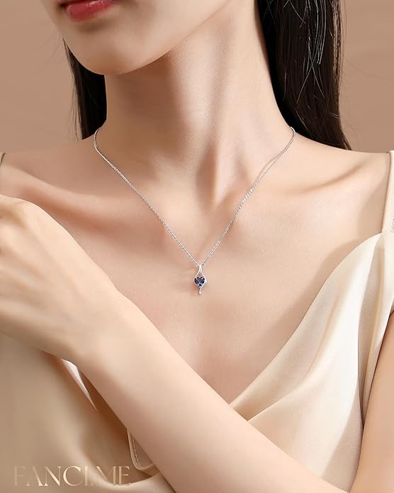 FANCIME 14K Solid White Gold Birthstone Necklace Genuine or Created 6mm Heart Gemstone Pendant with Lab Grow Diamonds Sterling Silver Chain Fine Jewelry Anniversary Birthday Gifts for Women 16" + 2"