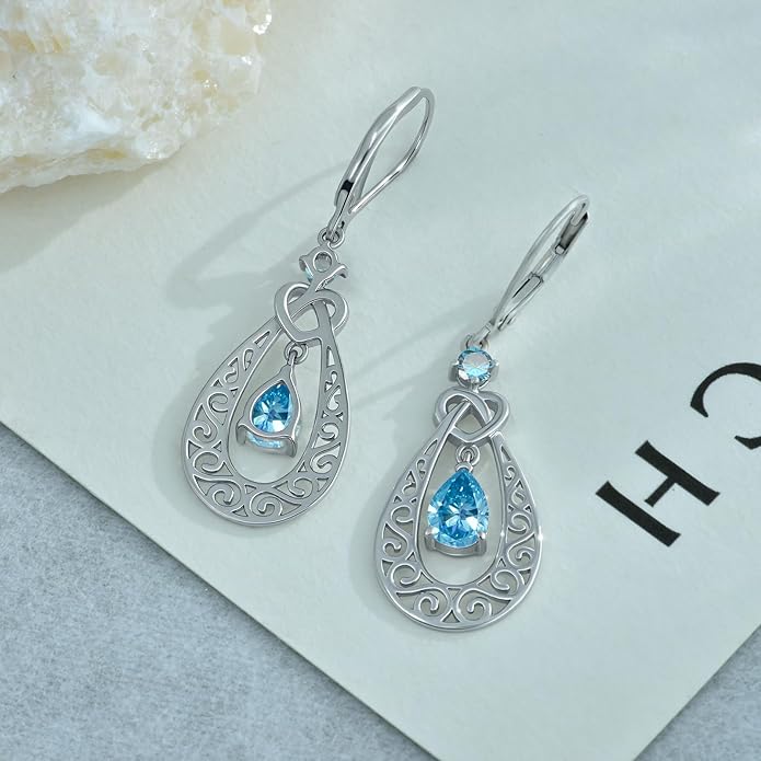 Teardrop Birthstone Dangle Drop Earrings Sterling Silver Infinity Filigree Leverback Earrings, Infinity Love Birthday Anniversary Valentines Day Gifts for Her Women Mom Wife