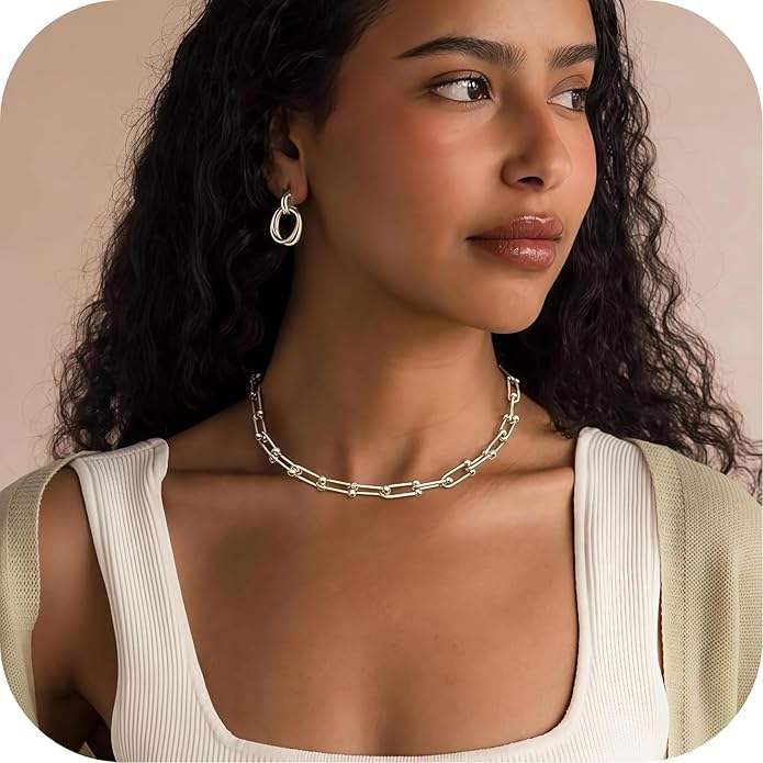 Paperclip Chain Necklace for Women, Chunky Gold & Silver Cuban Link Choker, Hypoallergenic Zinc Alloy Statement Jewelry