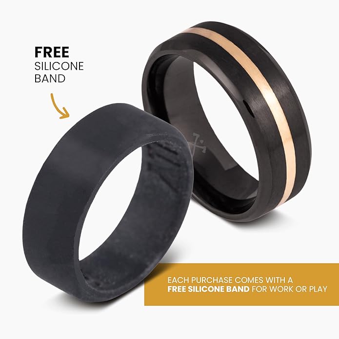Manly Bands: Mens Black Plated Tungsten and Black Zirconium Wedding Bands and Rings - Comfort Fit and Stylish Black Rings for Men, Free Silicone Ring Included