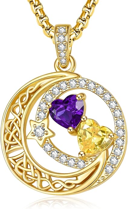 14K Gold Moon and Star Necklace Gifts for Women - Double Heart Birthstone Necklace, Valentines Wedding Anniversary Birthday Gifts for Her Wife Mom Daughter Grandma Sister