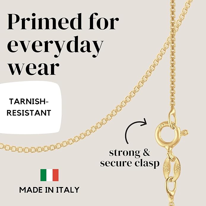 KISPER Italian 18K Gold Plated 925 Sterling Silver Diamond Cut Box Link Chain Necklace – for Women & Men with Spring Ring Clasp – Made in Italy