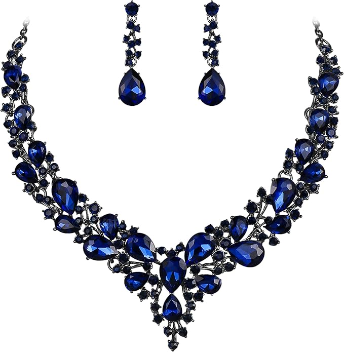 BriLove Women's Wedding Bridal Austrian Crystal Teardrop Cluster Statement Necklace Dangle Earrings Jewelry Set