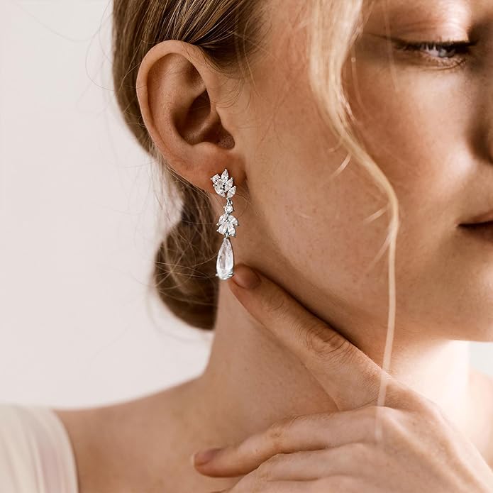 Dangle Drop Earrings for Women Wedding Bridal Rhinestone Long Cubic Zircon Dangling Crystal Chandelier Sparkly 14K Gold Plated Dainty Trendy Jewelry