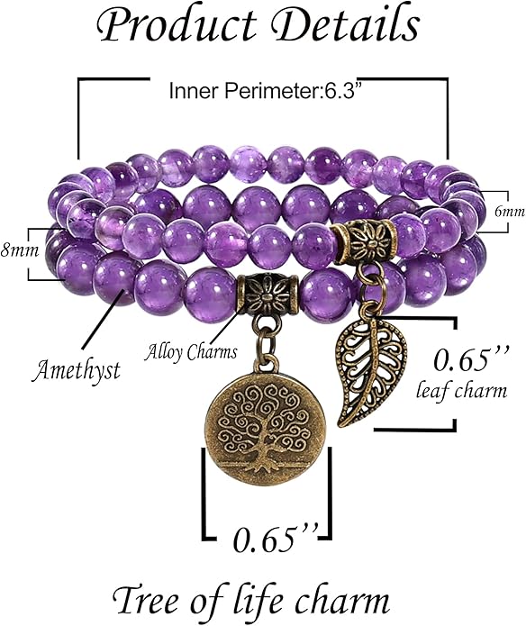 Bivei Natural Semi Precious Gemstone beads bracelet for women - Life Tree and Leaf Charm Energy Reiki Crystal Stretch Bracelets