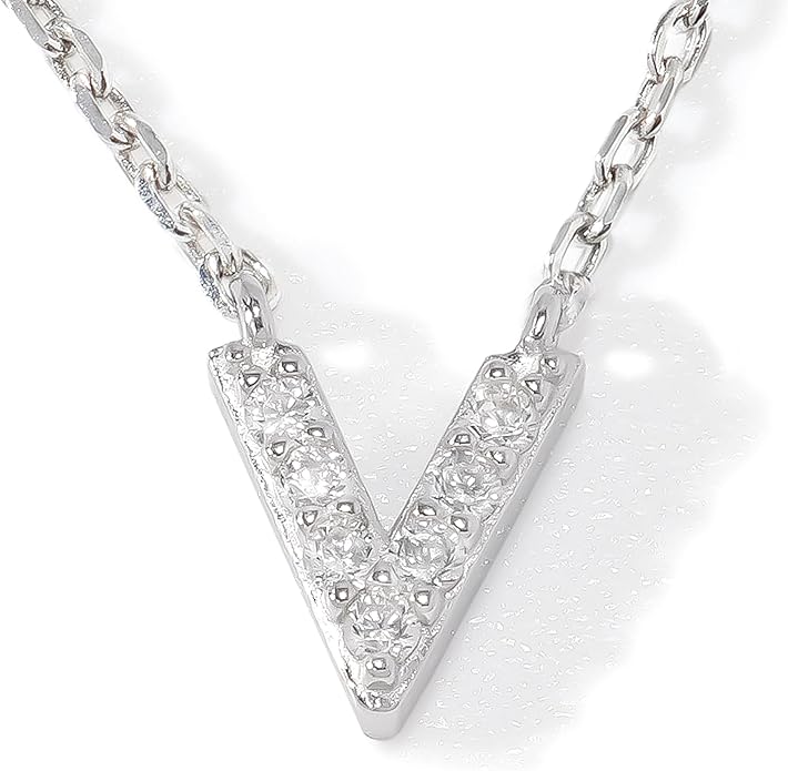 JTV Sterling Silver Initial Necklace for Women, 0.13 CTW White Cubic Zirconia Letter Pendant, Rhodium-Plated, Personalized Monogram Jewelry, Gift Box Included, 18”