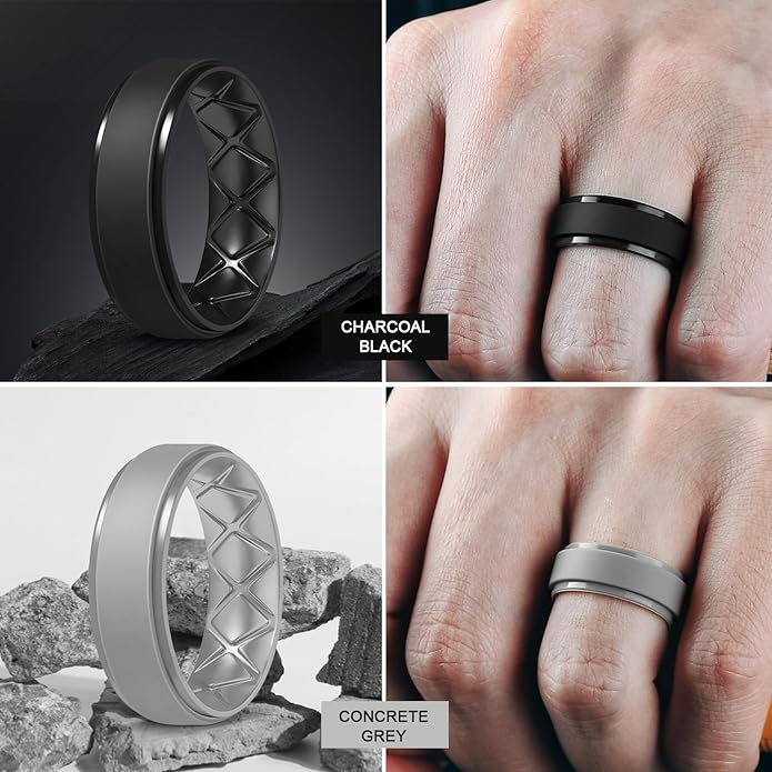 Egnaro Men's Rings 8.5mm Wide-2mm Thick Inner Arc Ergonomic Breathable Rubber Wedding bands-Hypoallergenic for Gym/Outdoor/Gift((1-7 Variety Pack with Half Size)