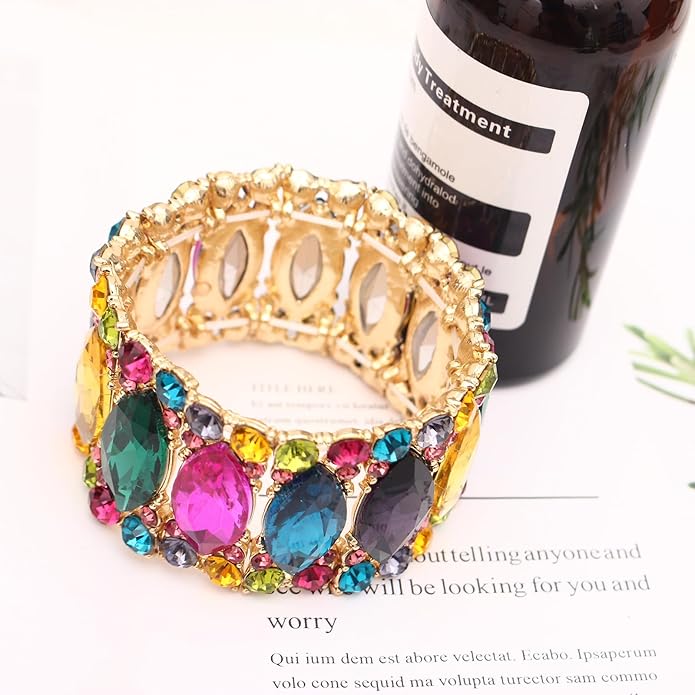 Women’s Elegant Wedding Bridal Crystal Double Row Marquise-Shape Leaf Stretch Bangle Bracelet Bride Jewelry for Women