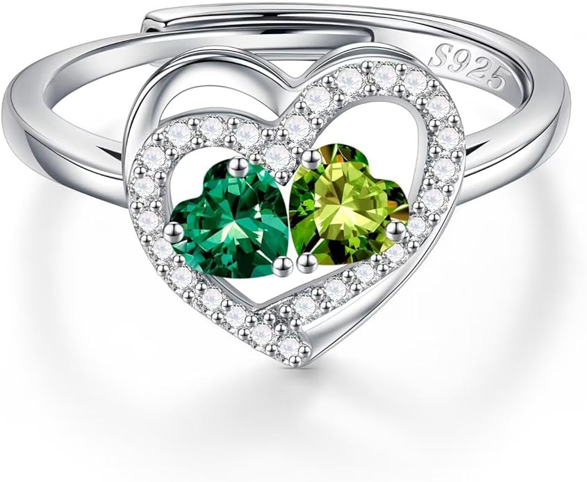 Iefil Adjustable Ring for Women - 925 Sterling Silver Double Birthstone Rings, Anniversary Birthday Gifts for Women Wife Her