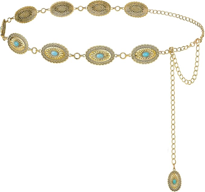FIORETTO Metal Waist Chain Link Belt for Women Western Cowgirl Boho Turquoise Belts for Dress Jeans Country Concert Outfit