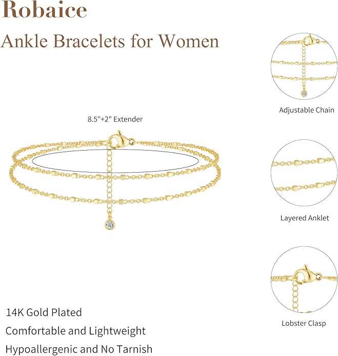 Ankle Bracelets for Women, Glitter Waterproof Adjustable Anklet for Women, 14K Gold Plated/Sterling Silver Layered Anklets, Summer Beach Anklet Jewelry for Women Gift