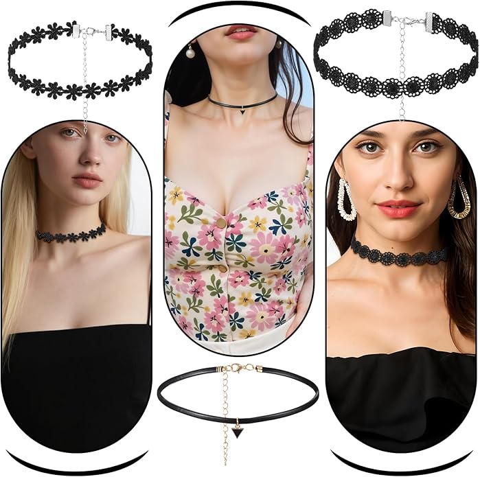 Bremorou 6 Pcs Choker Necklace for Women Black Velvet Chokers Adjustable Vintage Gothic Elastic Choker for 90s Style Classic Punk Lace Chokers Fit Party Cosplay Birthday Gifts Black
