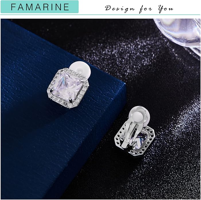 FAMARINE CZ Clip on Earrings for Women Clip Earring Non-pierced Earrings