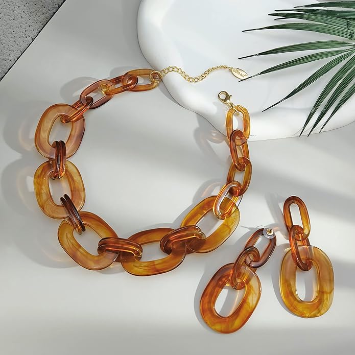 Bocar Acrylic Chunky Statement Necklace for Women Cube Link Chain Collar Necklace and Hoop Earrings Costome Jewelry Set