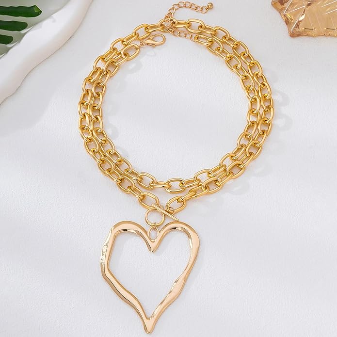 Chunky Gold Necklace Big Heart Necklace for Women Silver Large Statement Necklaces Thick Bold Chain Puffy Love Heart Charm Necklaces for Women with OT Toggle Silver Chunky Gold Jewelry Trendy Valentine's Day Gift