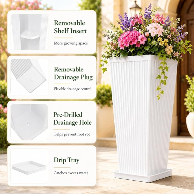 24" Tall Planters for Outdoor Plants Set of 2 Square Fluted, TallIndoor Flower - Image 3