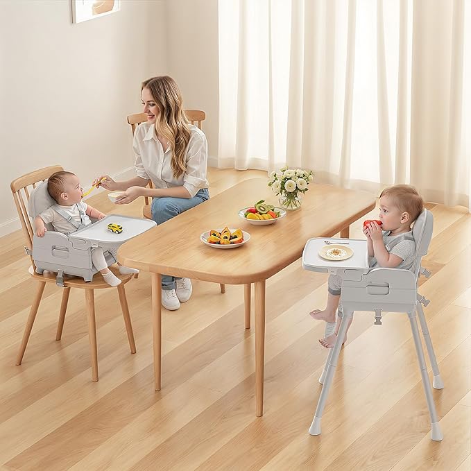 3-in-1 Portable Baby High Chair for Babies and Toddlers, Convertible Easy Clean Infant Foldable Highchair with Adjustable Legs & Dishwasher Safe Tray, Grey