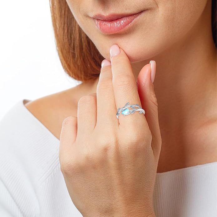 PRAYMOS 925 Sterling Silver Leaf Ring White Opal Moonstone Rings Adjustable Open Ring for Women with Jewelry Box Size 7-9