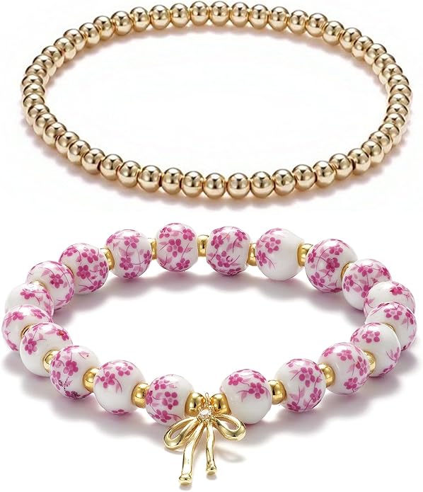 Beads Bow Charm Bracelet for Women Flower Vintage Bracelet Handmade Stretch Beaded Dainty Romantic Jewelry Gifts