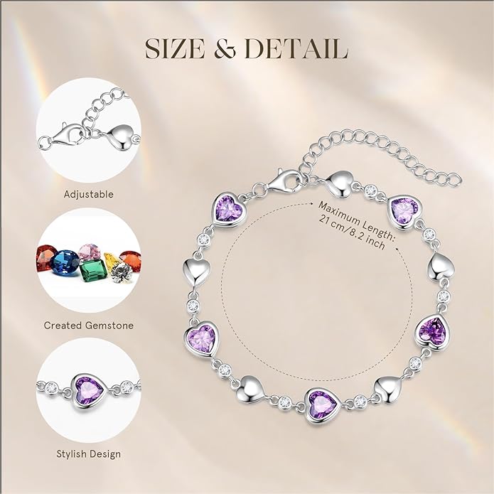 Carleen Birthstone Bracelets for Women 925 Sterling Silver Five Heart Station Created Gemstone Tennis Bracelet Jewelry Anniversary Birthday for Wife, 7"+1.2" Extender