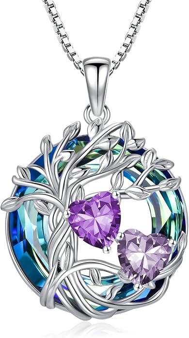 TOUPOP s925 Sterling Silver Family Celtic Tree of Life Pendant Necklaces with 2 Heart Birthstone with Blue Austrian Crystal Jewelry Birthday Valentines Day Gifts for Her, Anniversary Christmas Gifts for Wife Girlfriend Mom (18K Real White Gold Filled)