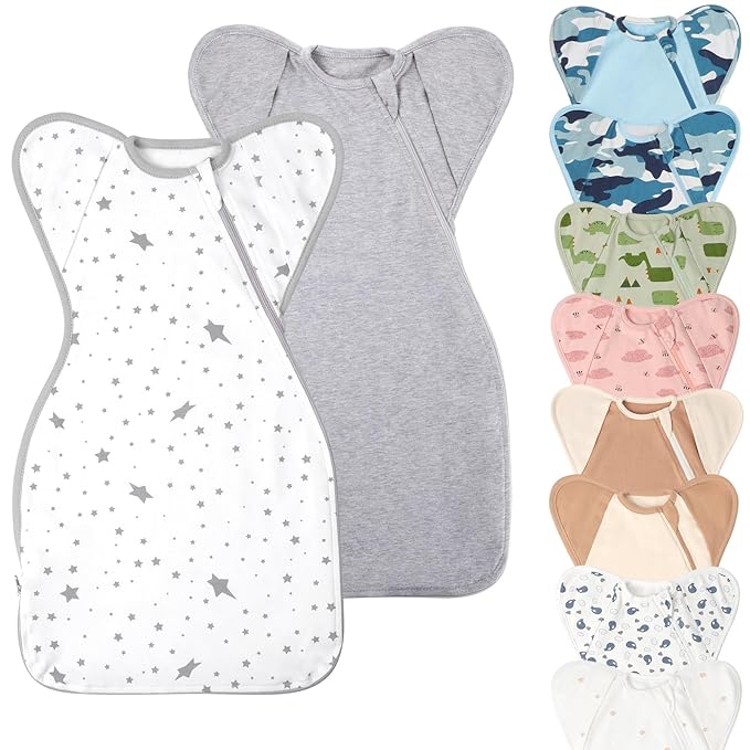 Baby Sleep Sack Swaddles for Newborn 0-3 Months, Arms Up Swaddle Blanket 2 Packs Cotton, Hands Up 3-Way Transitions to Arms-Free Wearable Sleeping Sack Bag for Boys Girls Snug Fit Calms Startle Reflex