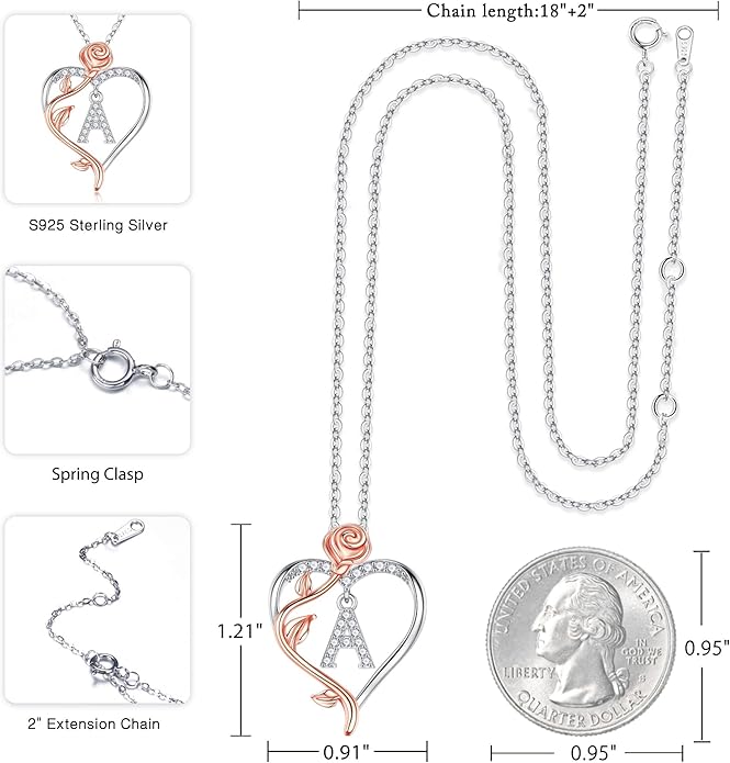 Iefil Valentines Day Gifts for Her - 925 Sterling Silver Rose Heart Initial Necklace, Anniversary Birthday Gifts for Women, Jewelry Gift for Her Wife Girlfriend