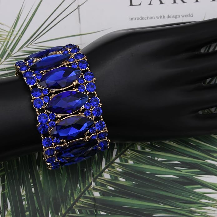Women’s Elegant Wedding Bridal Crystal Double Row Marquise-Shape Leaf Stretch Bangle Bracelet Bride Jewelry for Women