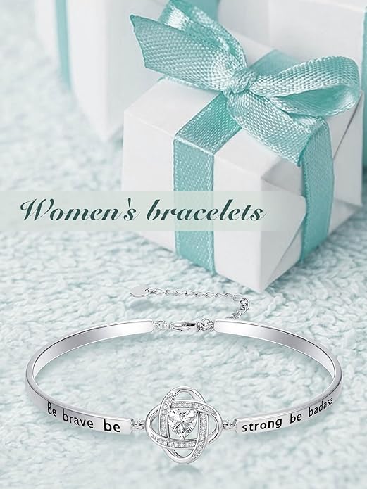 Valentines Day Gifts for Her, 18k White Gold Plated Love Knot Bracelets, Engraved Inspirational and Sentiment Bangle, Anniversary Birthday Jewelry Gift for Lover Wife Girlfriend Sister Friends