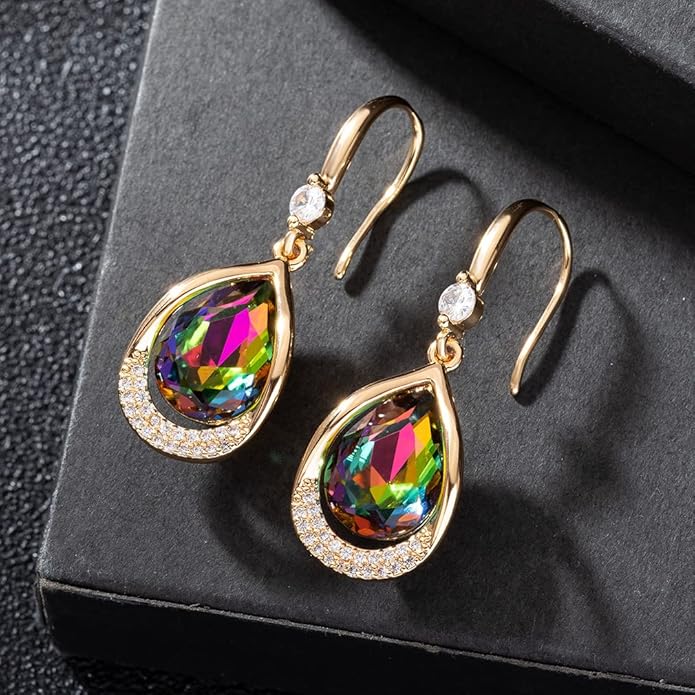 Austrian Crystal Halo Teardrop Hollow Drop Dangle Earrings for Women 14K Rose Gold Plated Hypoallergenic Jewelry Gifts