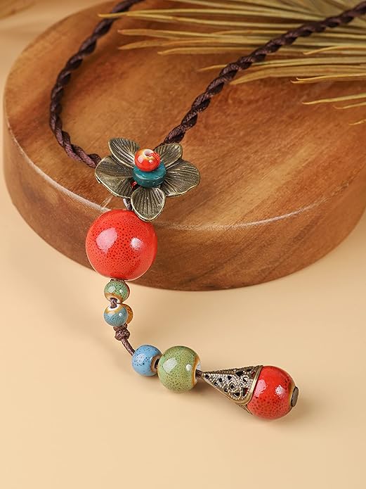 MINACHI Vintage Bohemian Colorful Ceramic Bead Antique Flower Y Necklace, Vintage Boho Hippie Statement Jewelry Gift for Women