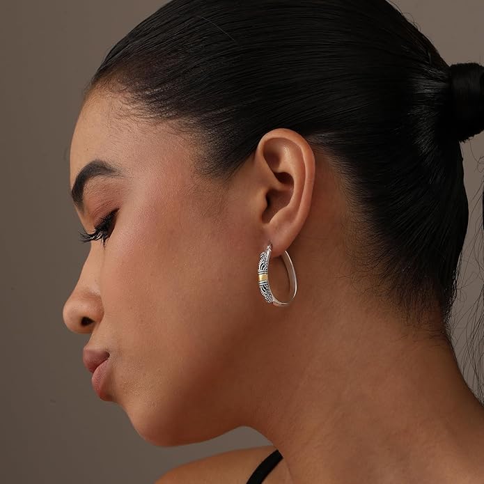 LeCalla 925 Sterling Silver Bali-Style Hoop Earrings Lightweight Click-Top Antique Two-Tone Beaded Italian Bali Style Earring Hoops for Women