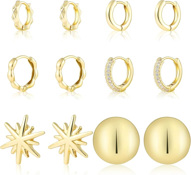 6 Pairs Gold Hoop Earrings Set for Women, 14K Gold Plated Small Huggie Hoops Earrings Hypoallergenic, Lightweight Tiny Cartilage Piercings Earrings Jewelry for Women Gifts.