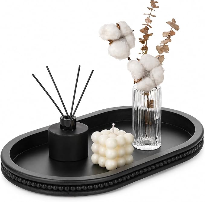 Hanobe Black Decorative Trays for Living Room Coffee Table, Beaded Edge | 15" by Hanobe