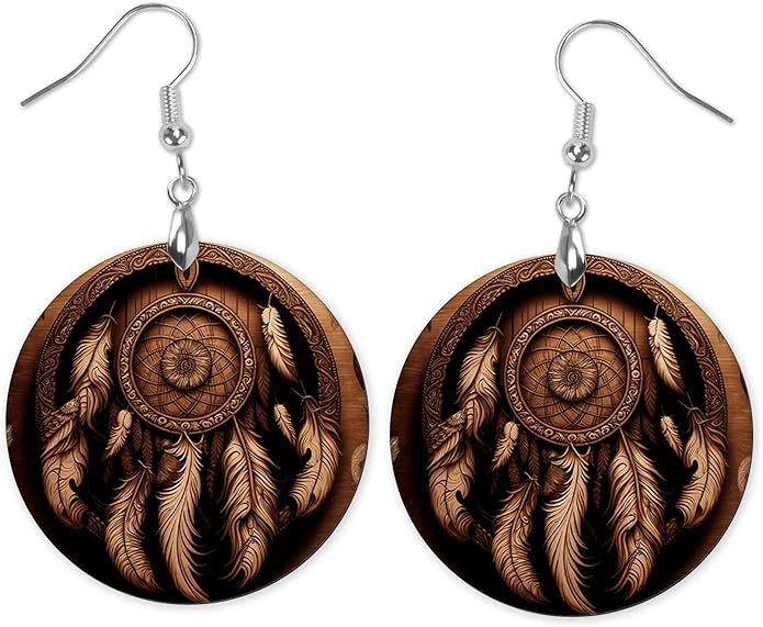 Round Wood Earrings Light Weight Printed Image Dangle Jewelry