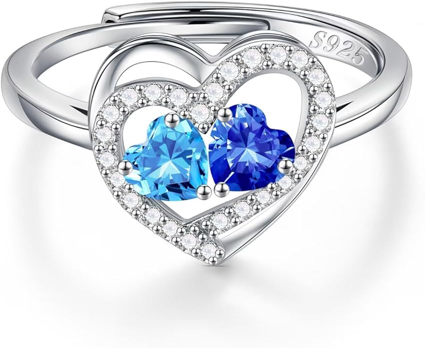 Iefil Adjustable Ring for Women - 925 Sterling Silver Double Birthstone Rings, Anniversary Birthday Gifts for Women Wife Her