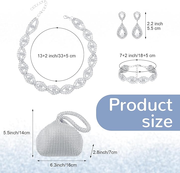 Hicarer 5 Pcs Dressy Jewelry Sets, Silver Shawls and Wraps, Clutch Purse for Homecoming Prom Evening Women Formal